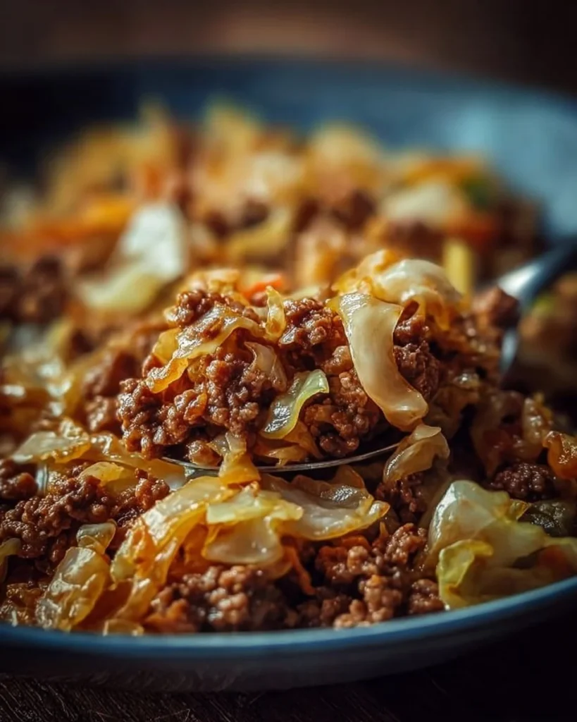 Dish of ground beef and chopped cabbage, showcasing a healthy and hearty meal.