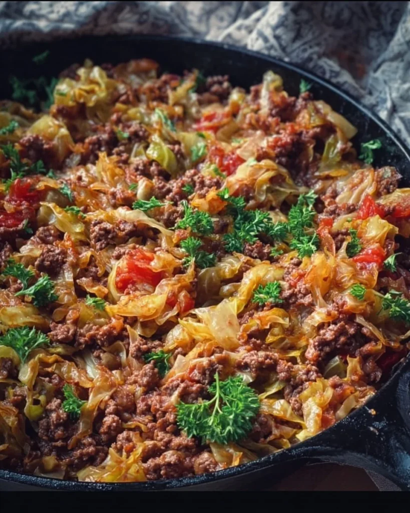 Delicious Ground Beef Cabbage Roll Skillet served in a pan with a fork.