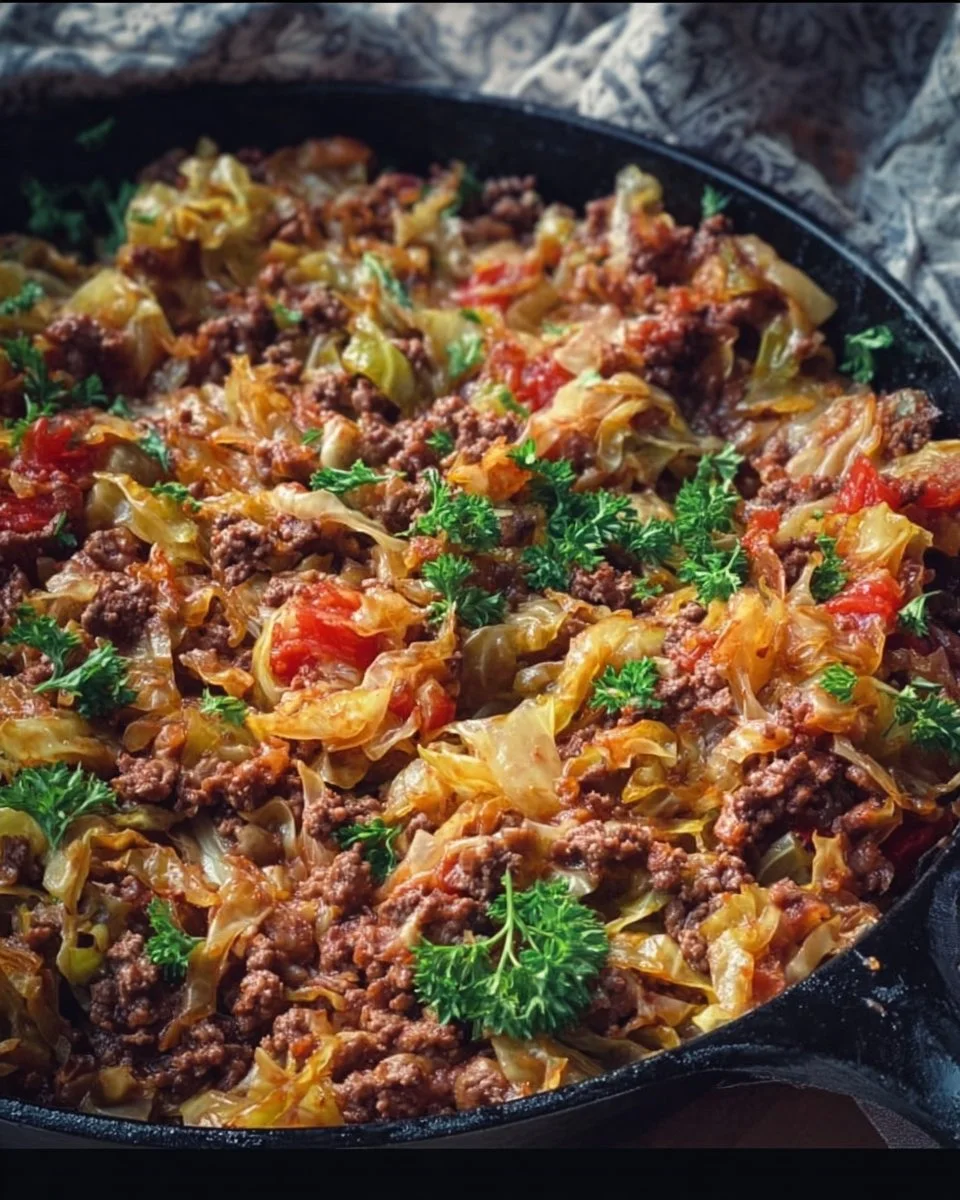 Delicious Ground Beef Cabbage Roll Skillet served in a pan with a fork.