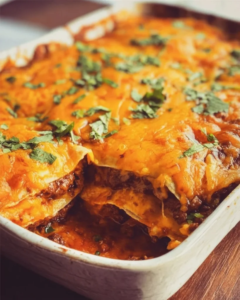 Delicious Ground Beef Enchilada Casserole served on a plate