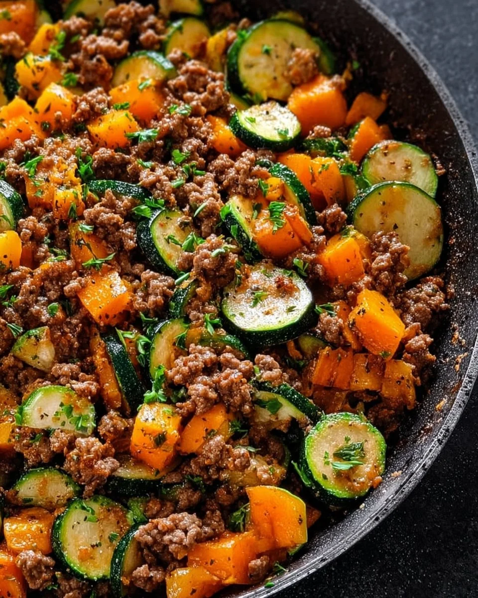 Ground Beef Zucchini Sweet Potato Skillet cooked in a pan with fresh vegetables