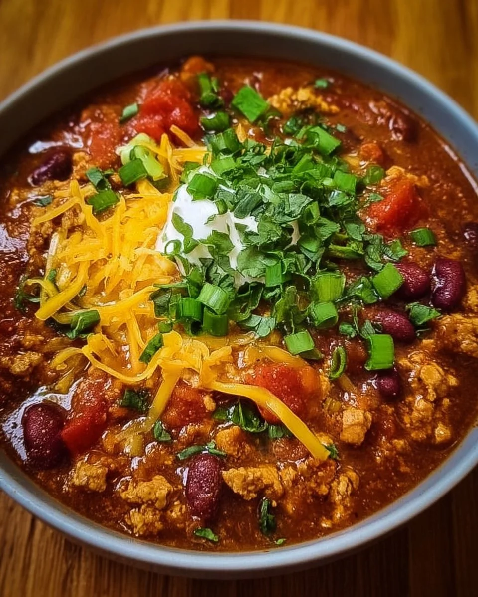 Bowl of ground chicken chili topped with fresh herbs and avocado
