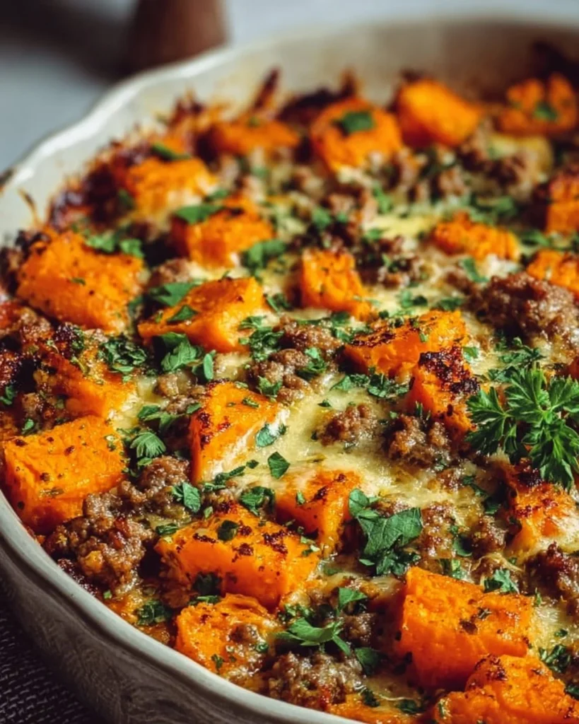 Ground Turkey Sweet Potato Bake in a casserole dish with fresh herbs