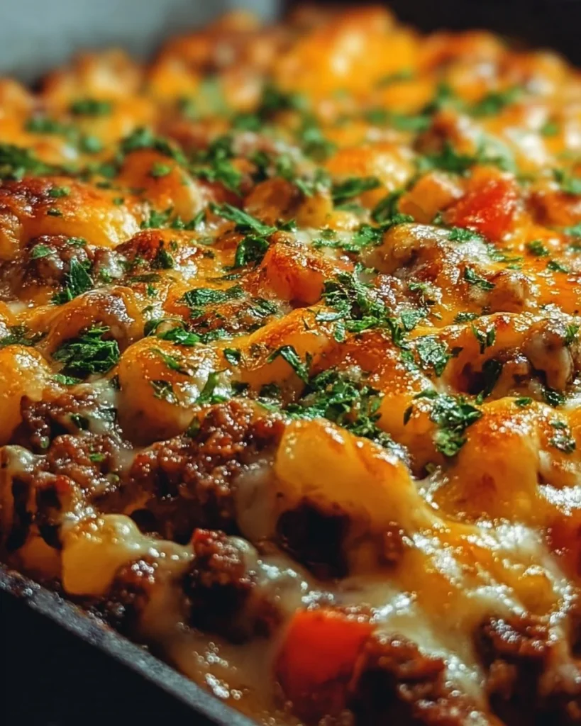Delicious Hamburger Supreme Casserole served in a dish with toppings