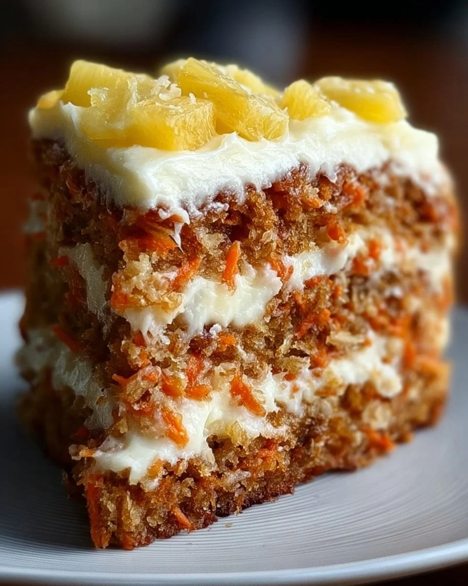 Slice of Hawaiian Carrot Pineapple Cake with vibrant colors