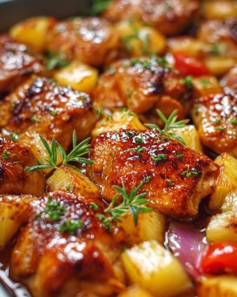 A colorful Hawaiian Chicken Sheet Pan with vibrant vegetables and pineapple.