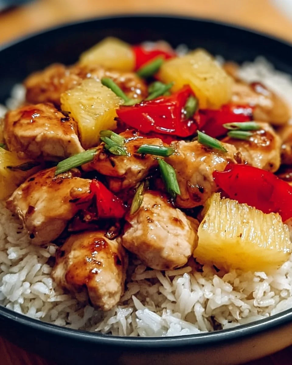 Hawaiian Pineapple Chicken & Rice dish garnished with fresh herbs and pineapple chunks.