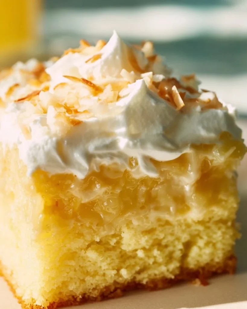 Delicious Hawaiian Poke Cake topped with whipped cream and pineapple
