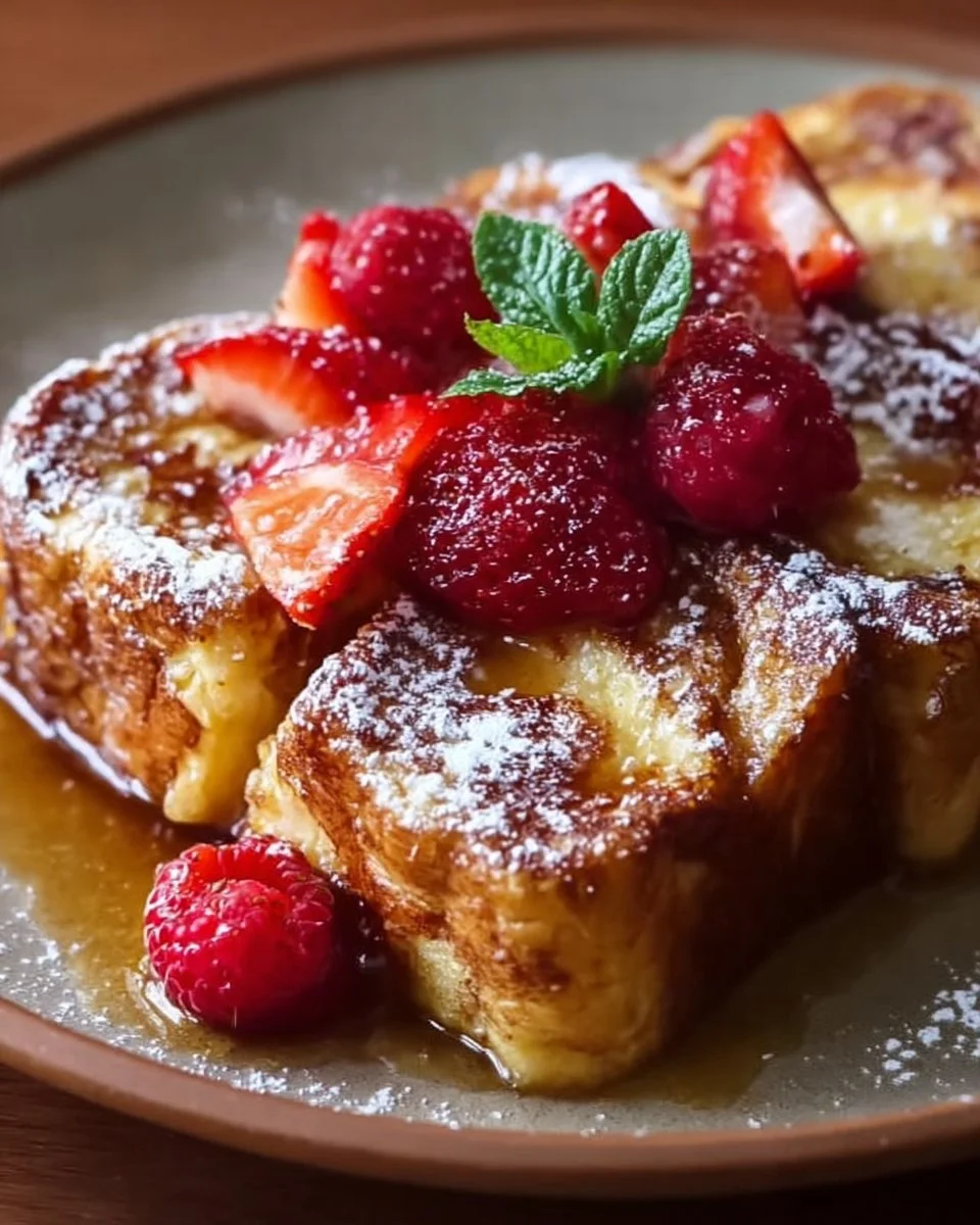 Hawaiian Roll French Toast Bake topped with syrup and fresh fruit.