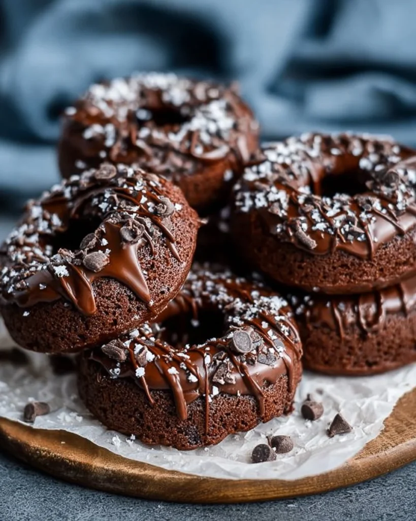 Healthy chocolate protein donuts topped with chocolate glaze and sprinkles.