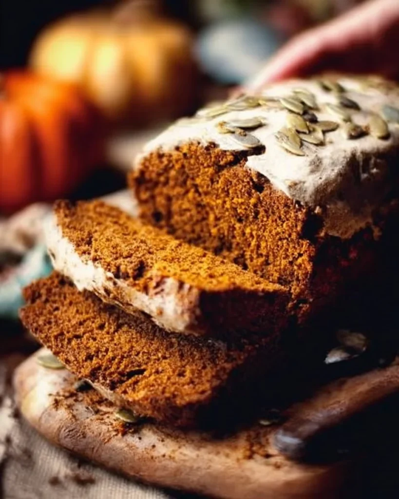 Sliced healthy pumpkin bread on a wooden table with autumn decorations.