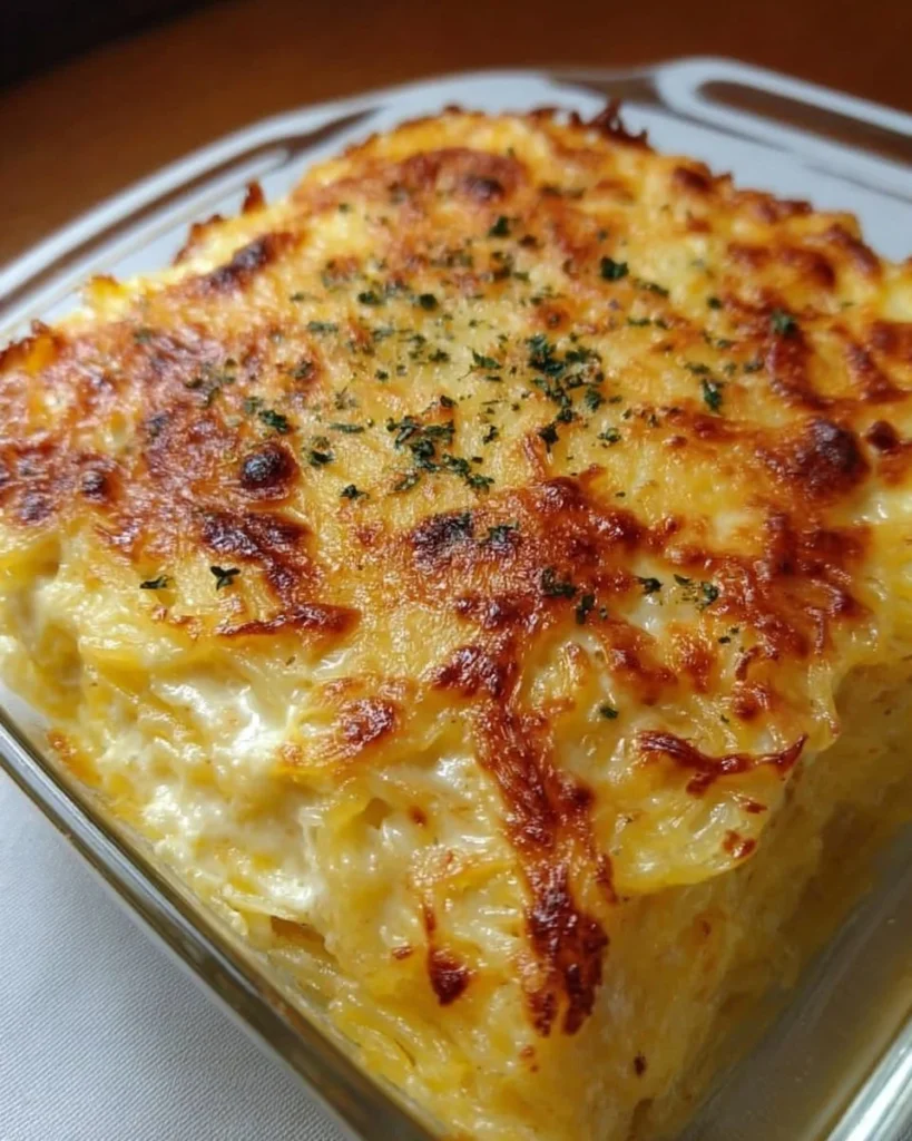 Baked healthy spaghetti squash au gratin topped with cheese and herbs.