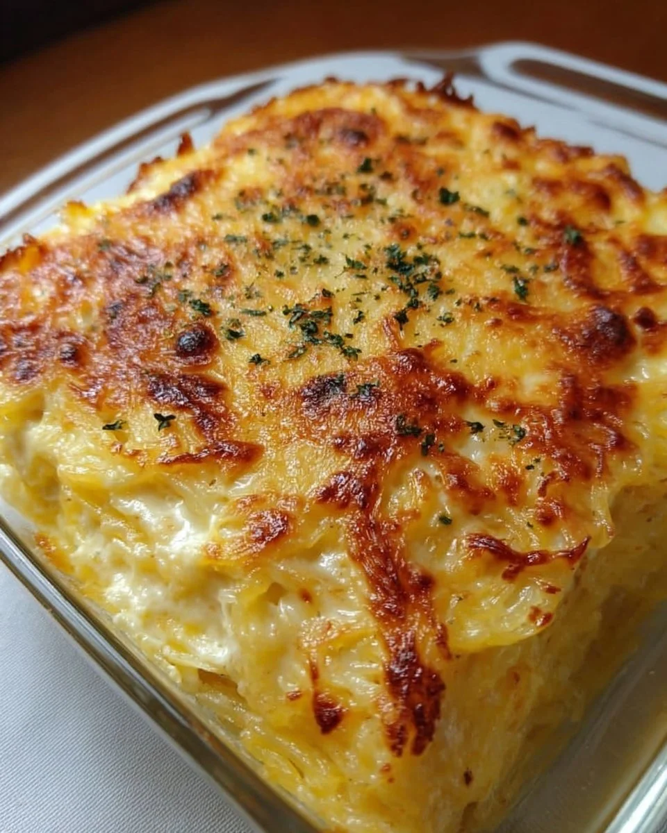 Baked healthy spaghetti squash au gratin topped with cheese and herbs.