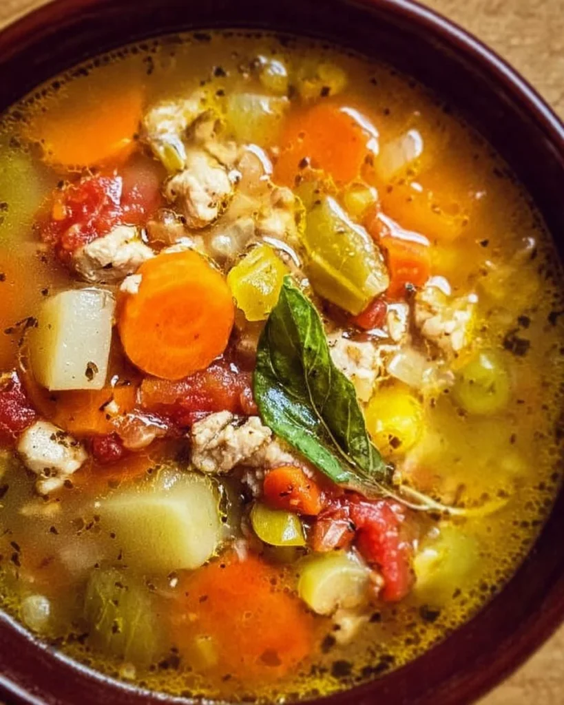 Bowl of healthy Turkey Vegetable Soup with fresh vegetables and herbs