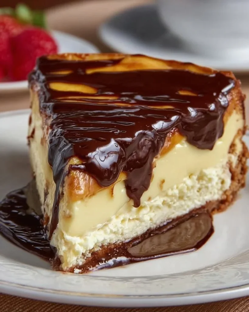 Heavenly Boston Cream Pie Cheesecake with chocolate and vanilla layers