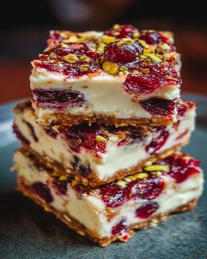 Delicious slice of Cherry Pistachio Cheesecake Bars topped with fresh cherries and pistachios