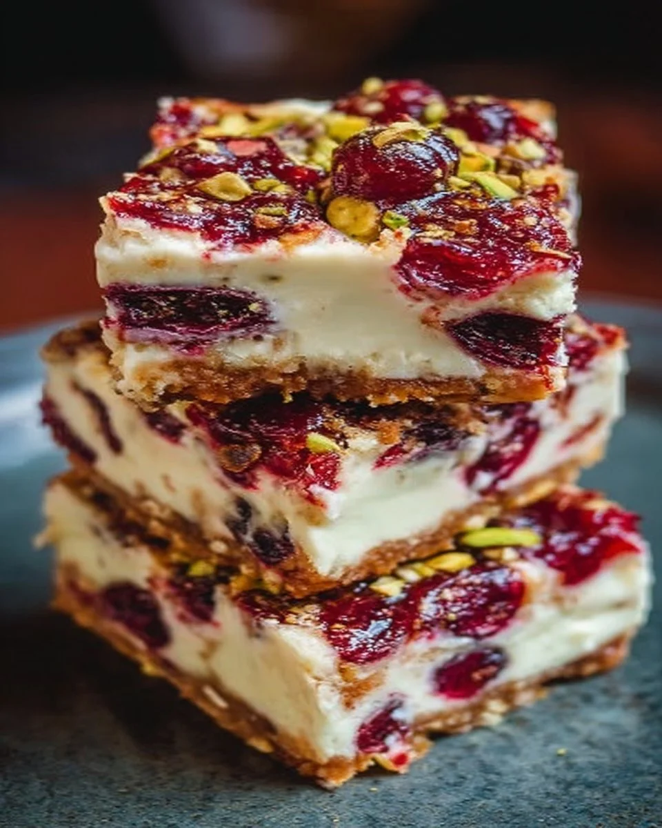 Delicious slice of Cherry Pistachio Cheesecake Bars topped with fresh cherries and pistachios