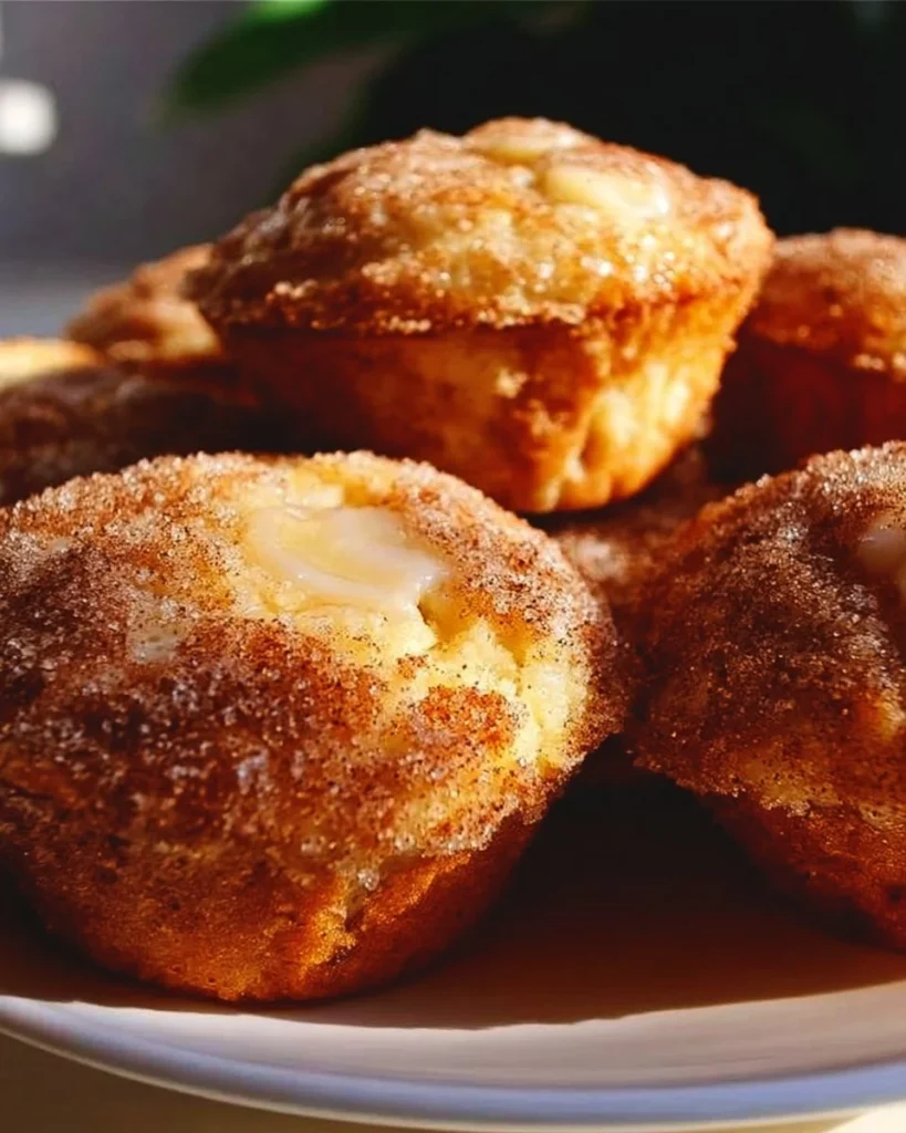 Delicious cinnamon sugar muffins with creamy topping on a plate
