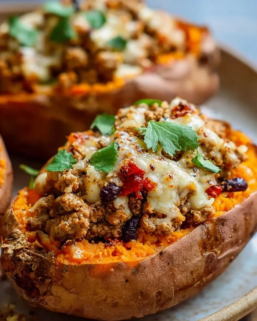 High protein ground turkey stuffed sweet potato dish plated for a nutritious meal.