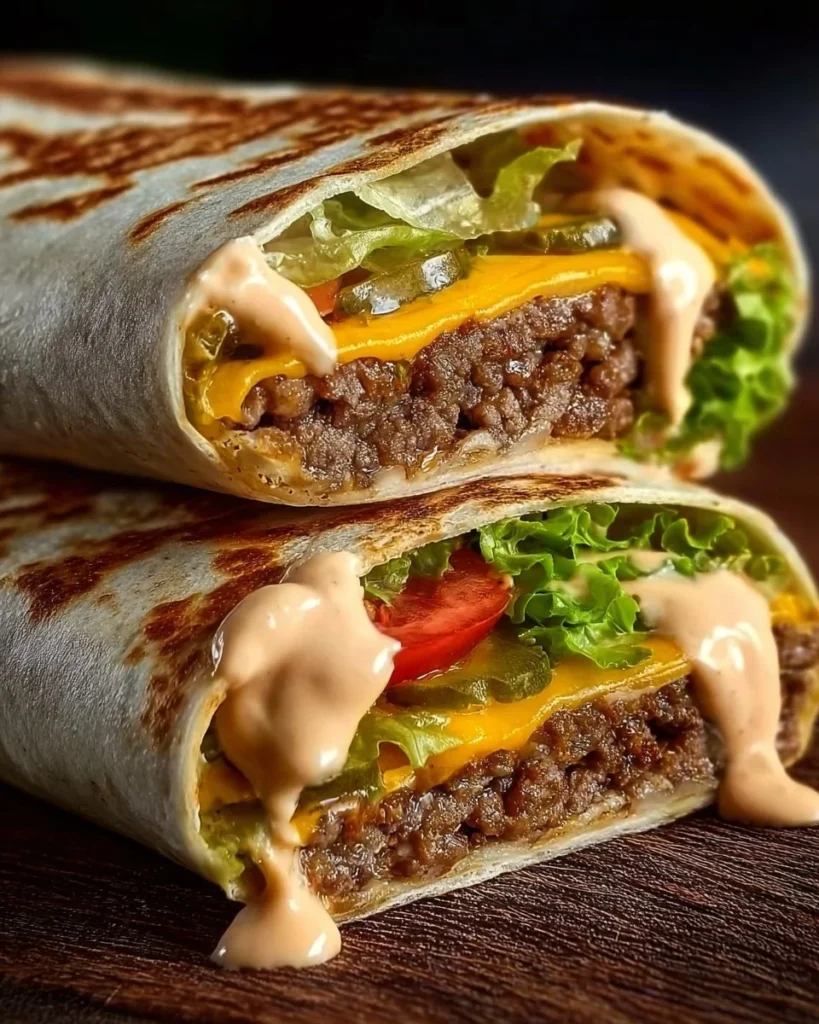 Delicious Homemade Big Mac Wraps drizzled with secret sauce on a plate.