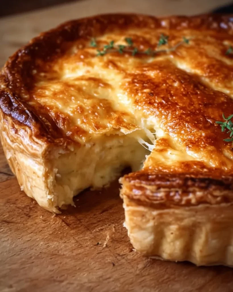Homemade Cheese and Onion Pie served on a rustic plate