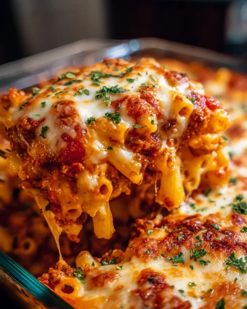 Delicious homemade baked ziti fresh out of the oven topped with melted cheese