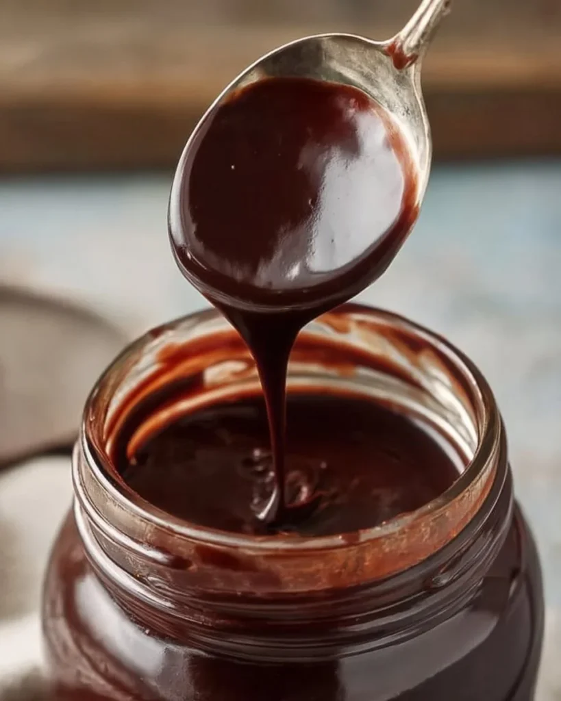 Delicious homemade hot fudge sauce in a glass jar for desserts