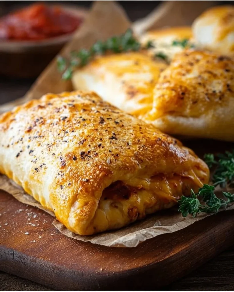 Homemade hot pockets filled with cheese and veggies on a plate