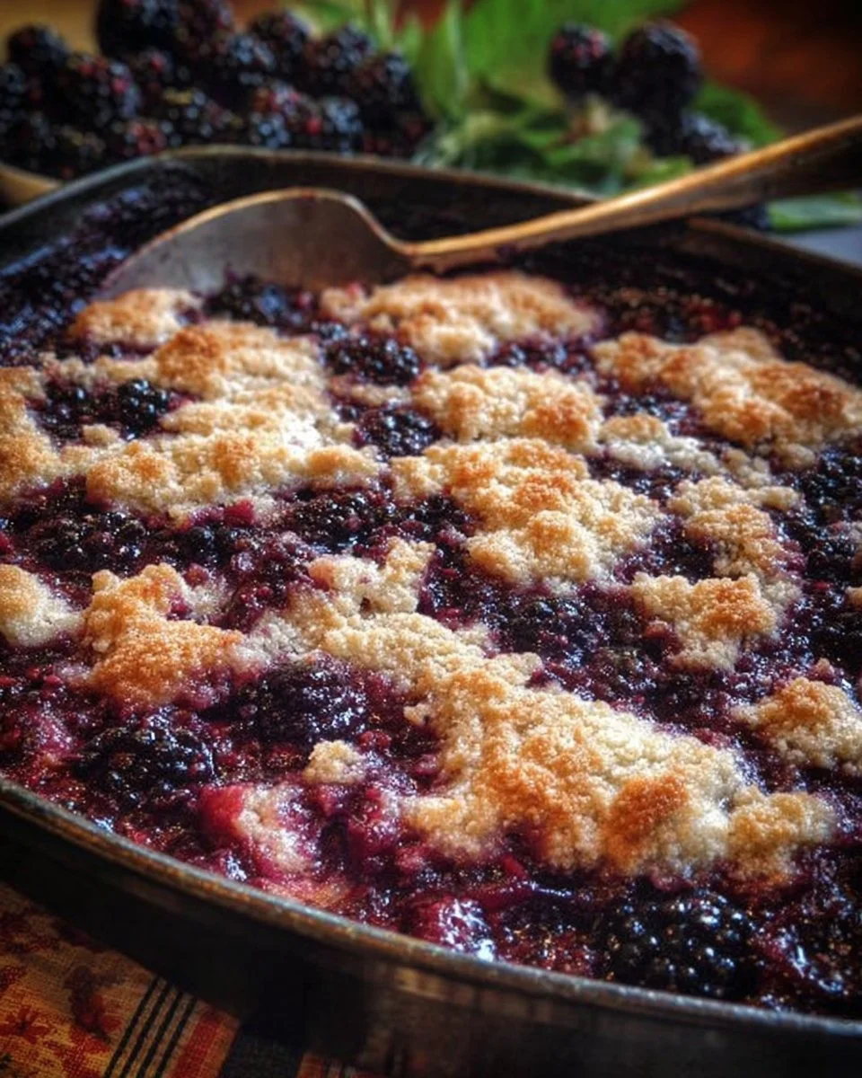 Delicious Homemade Kentucky Blackberry Cobbler dessert topped with berries