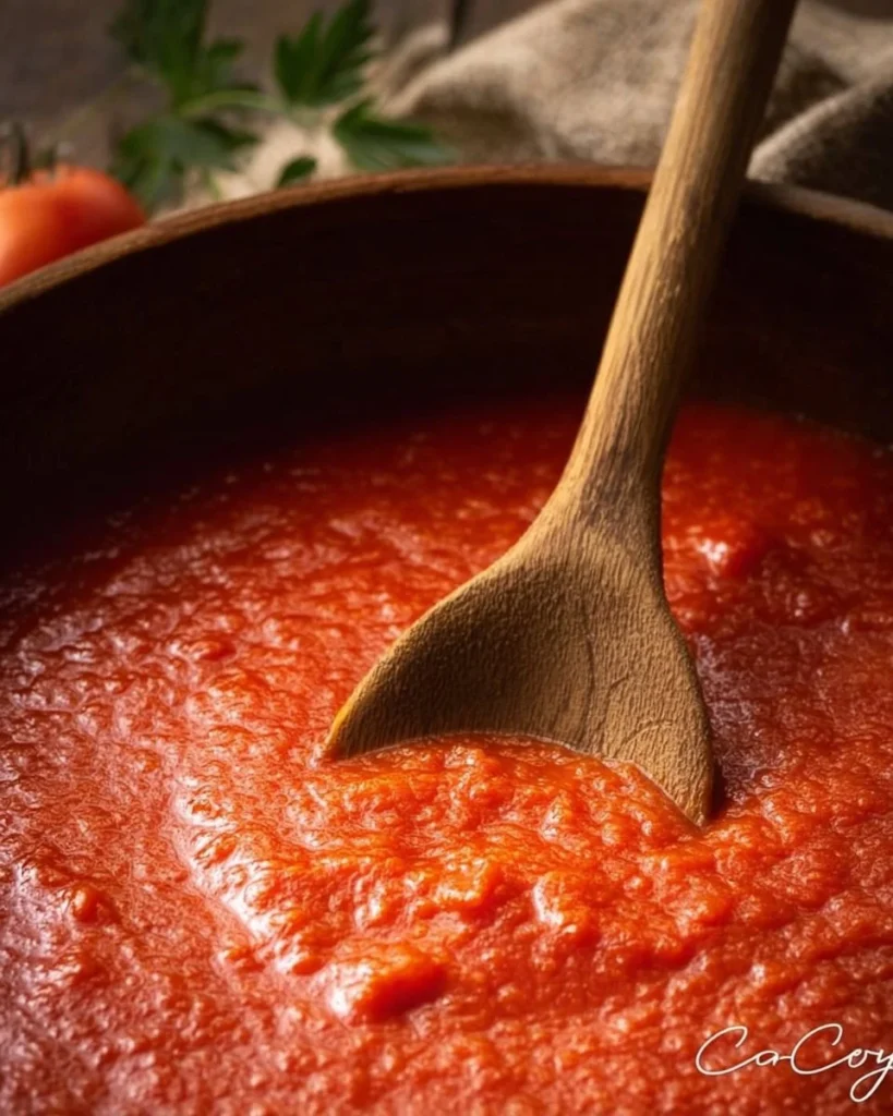 Homemade marinara sauce in a bowl with fresh ingredients