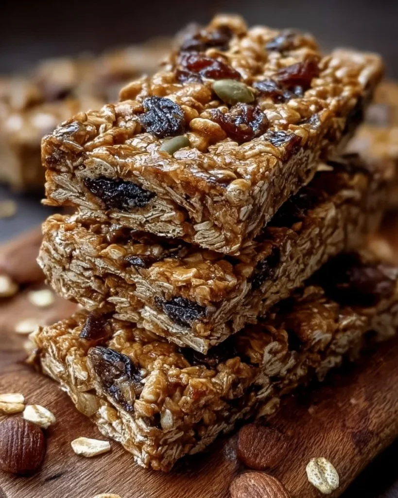 Homemade no bake granola bars stacked on a wooden surface