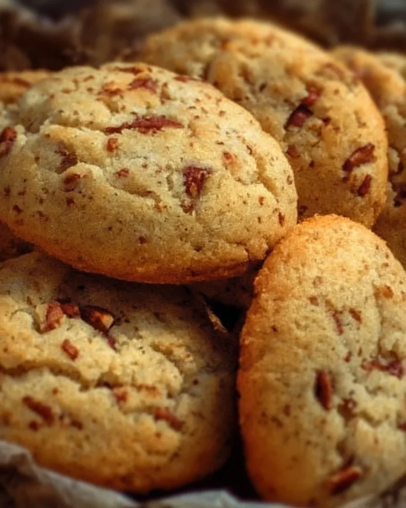 Freshly baked homemade pecan sandies on a wooden table