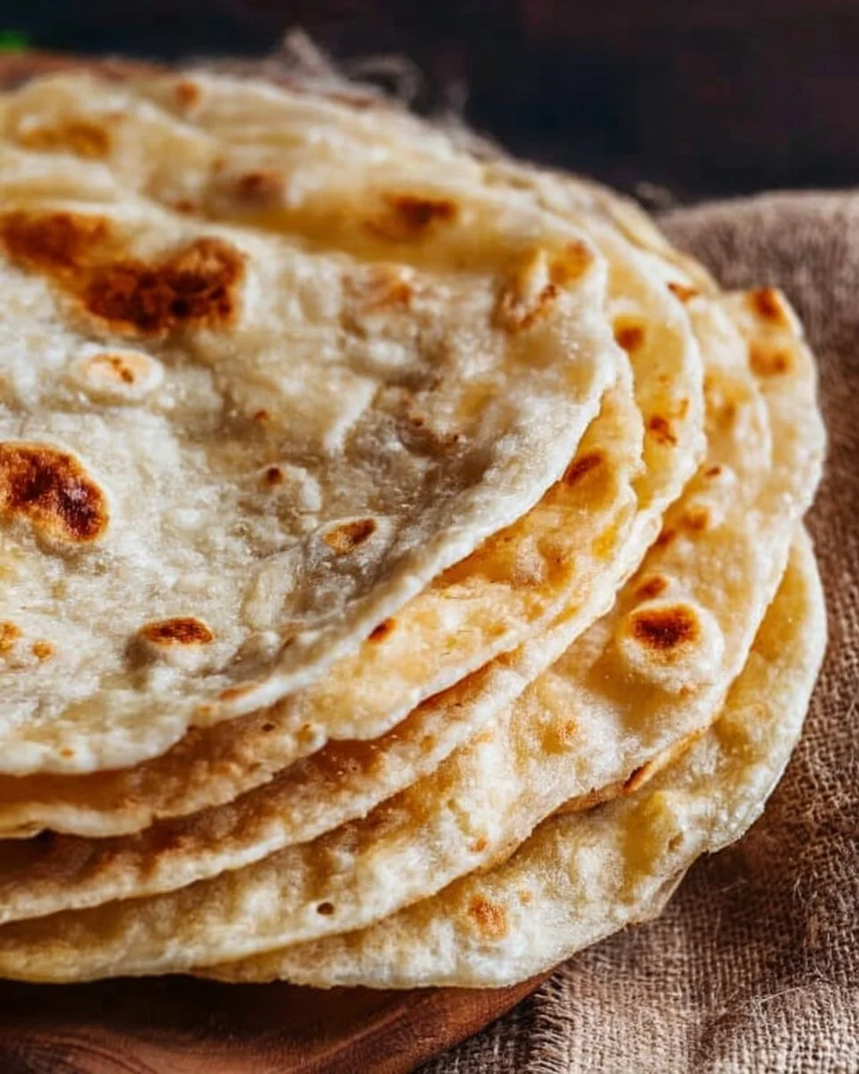 Freshly made homemade roti, traditional Indian flatbread, served on a wooden table.