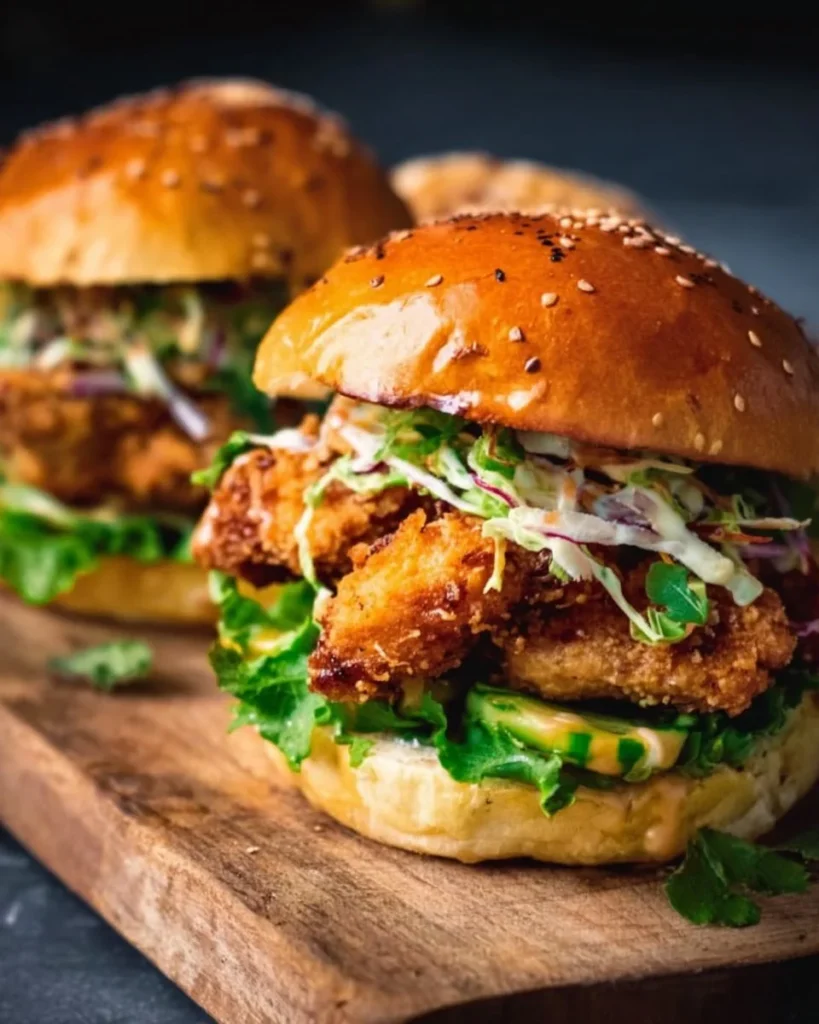 Juicy Honey Mustard Chicken Burgers on a grill with fresh toppings