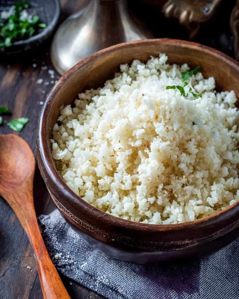Bowl of homemade cauliflower rice served with vegetables