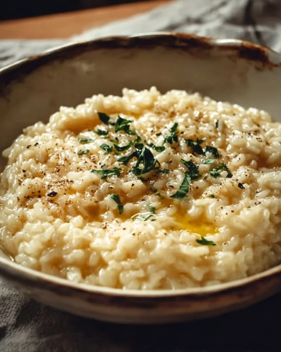 Delicious Ina Garten baked risotto topped with herbs and cheese