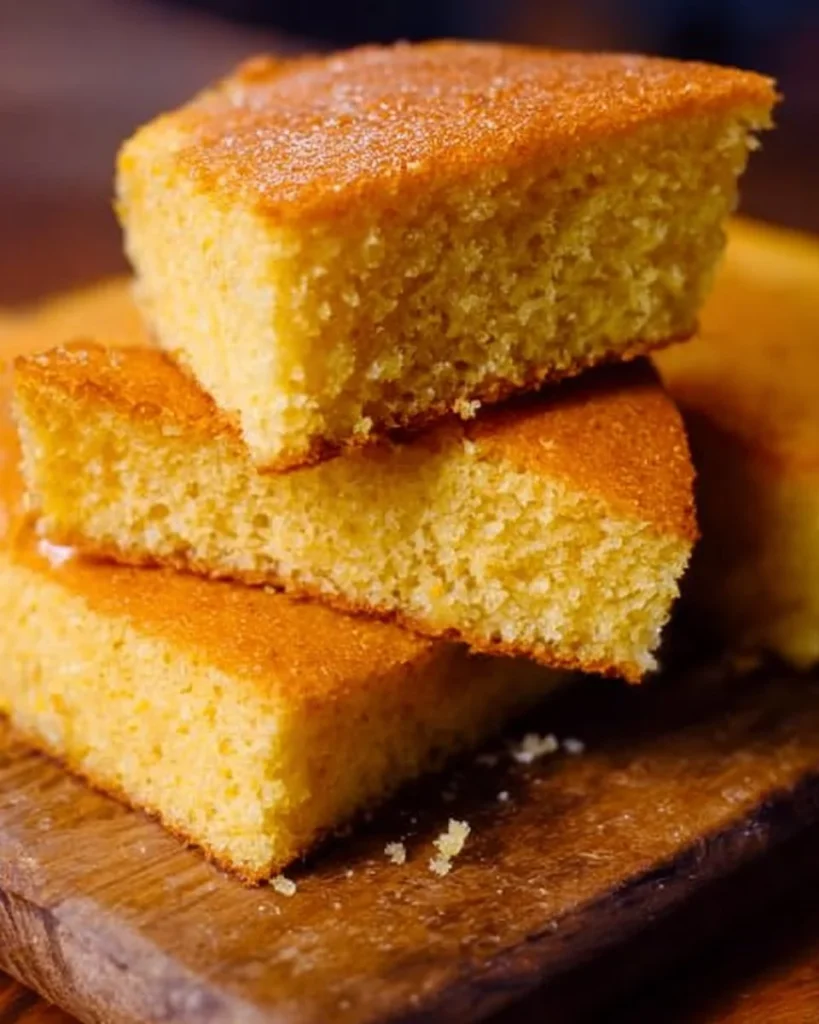 Slice of Ina Garten's brown butter corn bread on a rustic wooden table