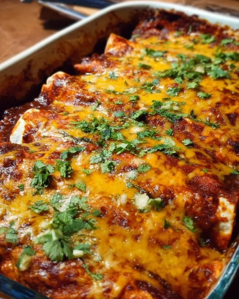 Ina Garten's chicken enchiladas topped with cheese and fresh ingredients