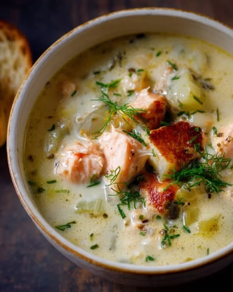 Bowl of Ina Garten's delicious fish chowder topped with fresh herbs.