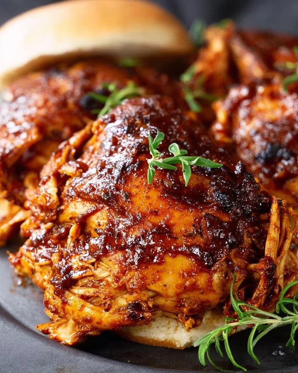Delicious Instant Pot BBQ chicken served on a plate with BBQ sauce and sides