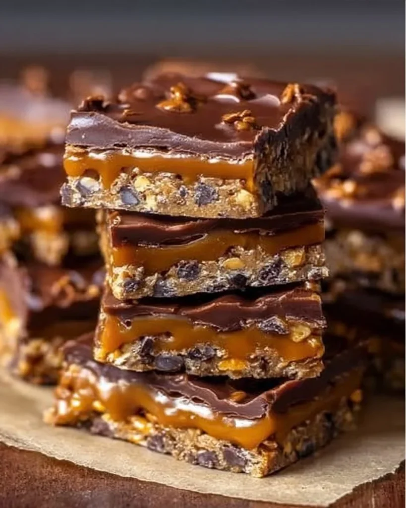 Delicious homemade caramel chocolate crunch bars with a crunchy topping