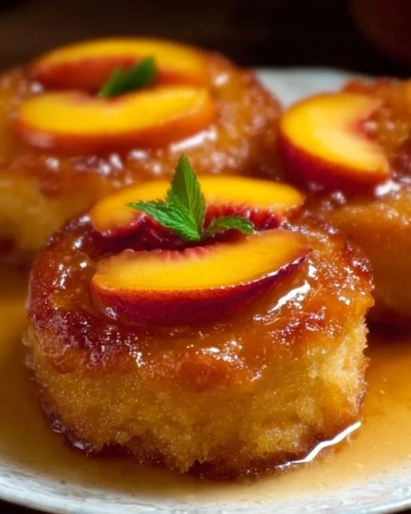 Delicious peach upside-down mini cakes served on a rustic plate