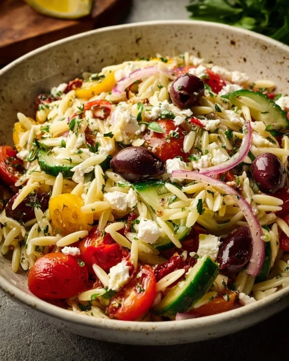 Italian Orzo Salad with Olives and Feta served in a bowl