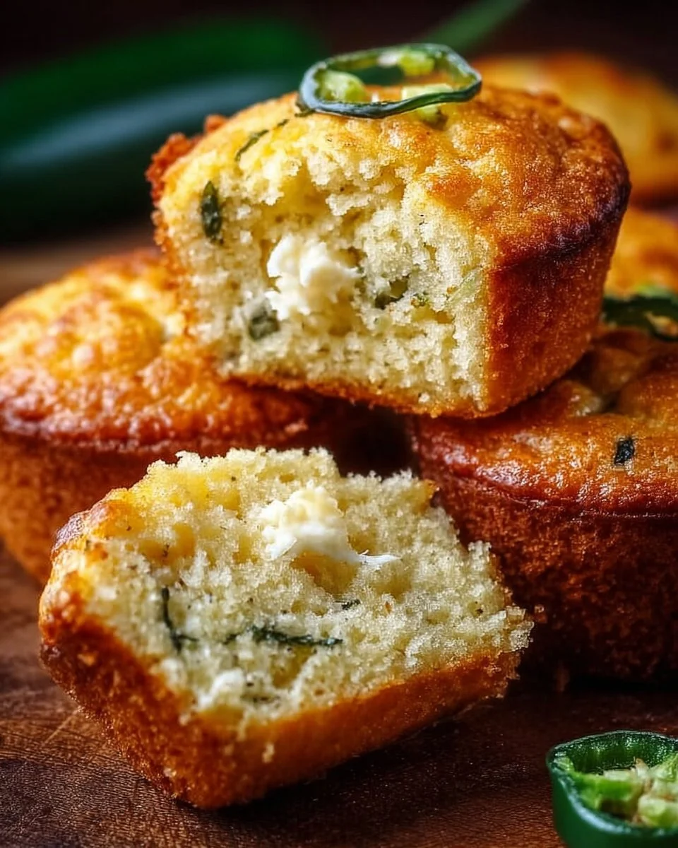 Jalapeño Cornbread Muffins with a creamy filling, topped with jalapeños