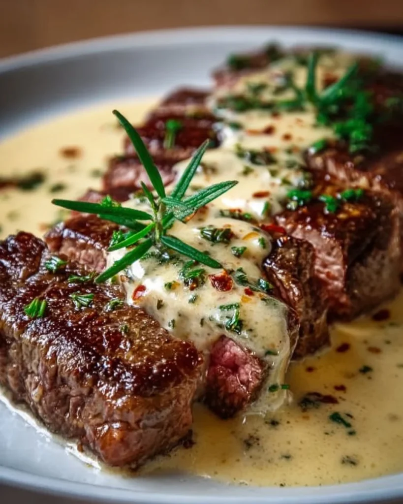 Juicy steak topped with creamy garlic sauce served on a plate