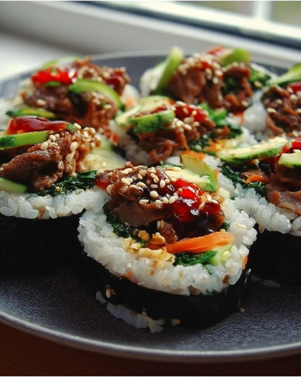 Korean Bulgogi sushi rolls featuring marinated beef and fresh vegetables