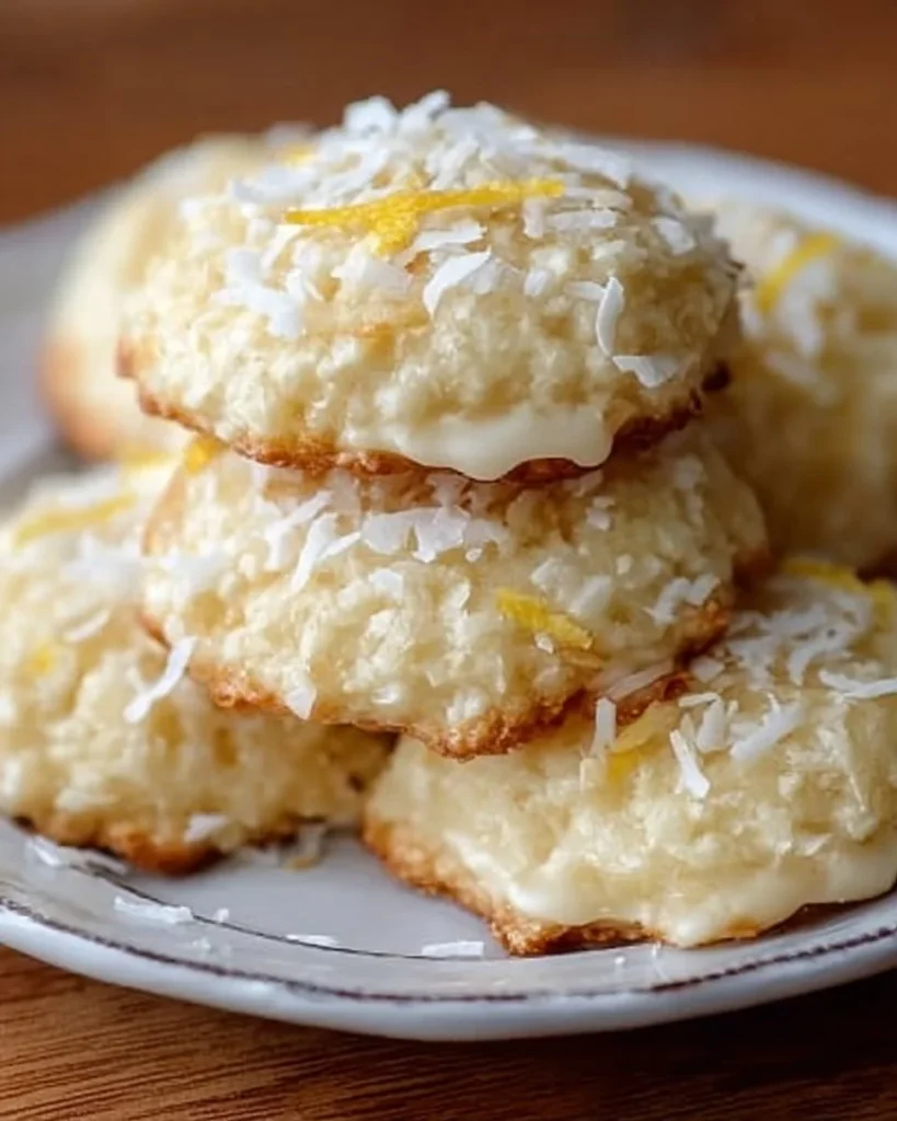Lemon Coconut Cheesecake Cookies on a plate garnished with coconut flakes