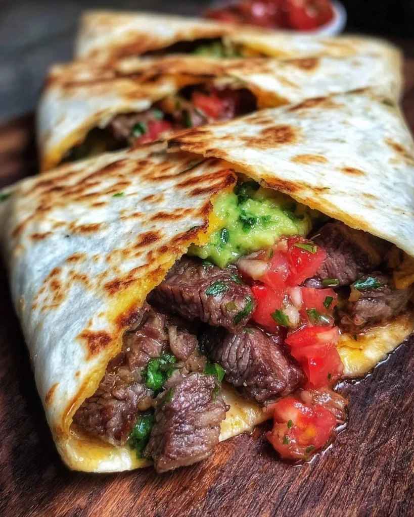 Loaded steak quesadillas filled with cheese and fresh toppings