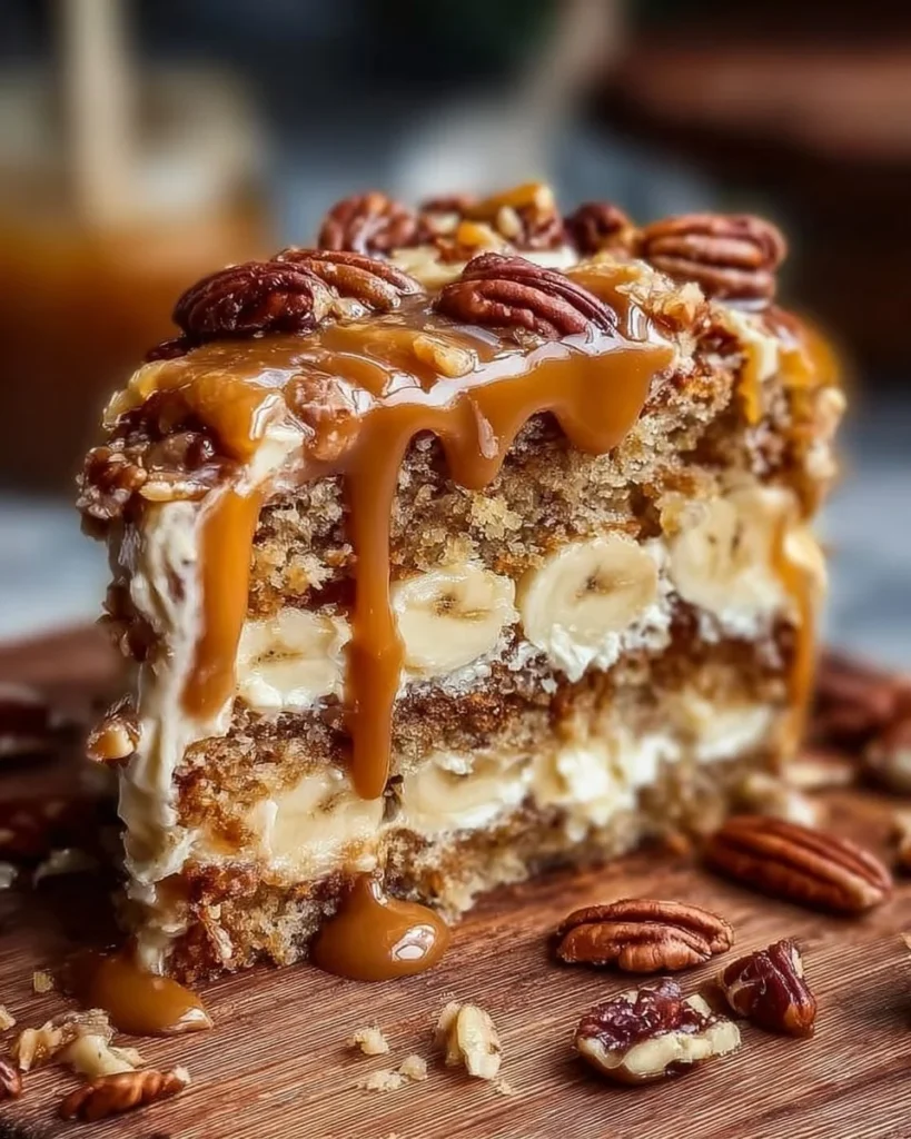Luscious Banana Pecan Caramel Cake with caramel drizzle and pecans