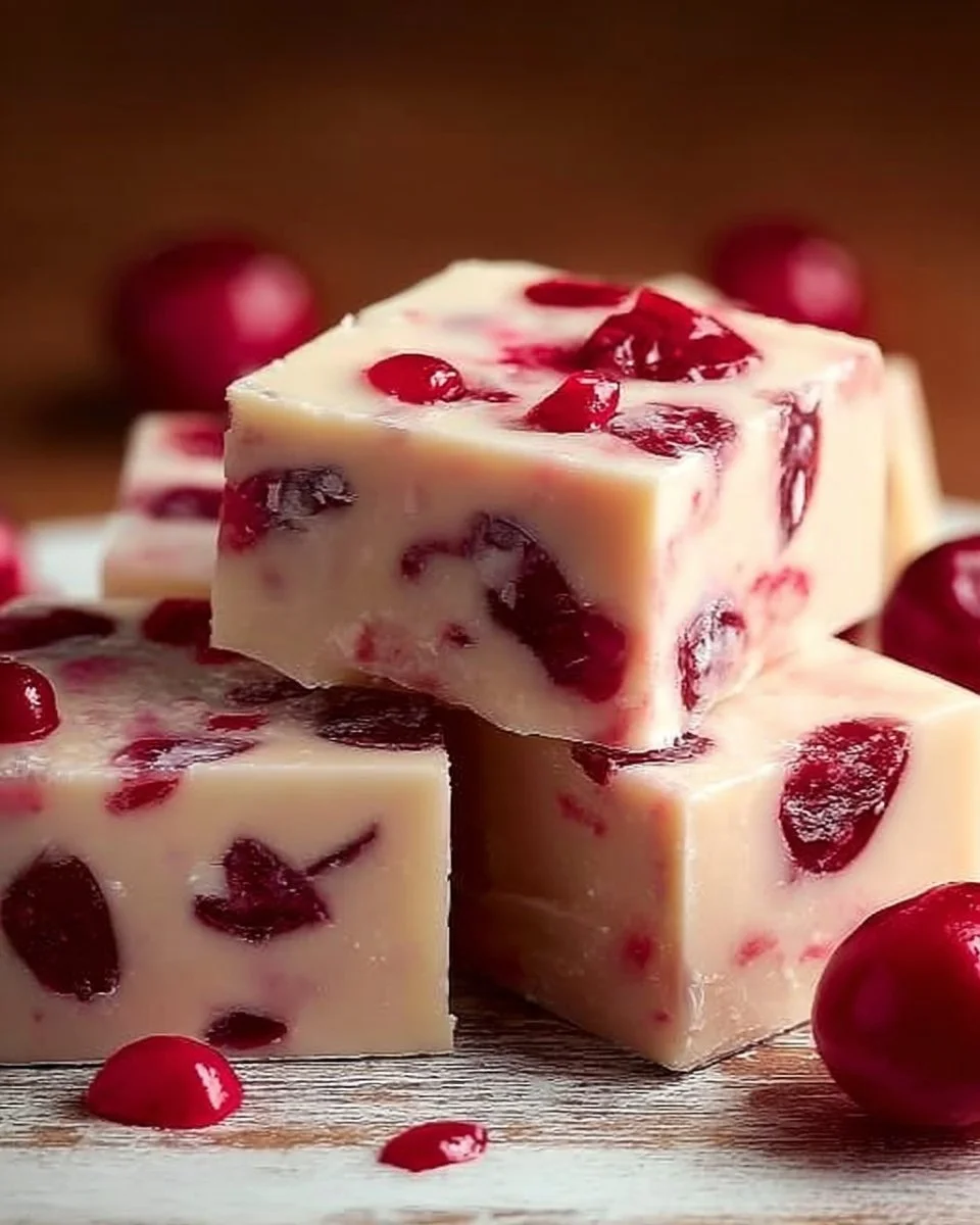 Maraschino Cherry White Chocolate Fudge cut into squares